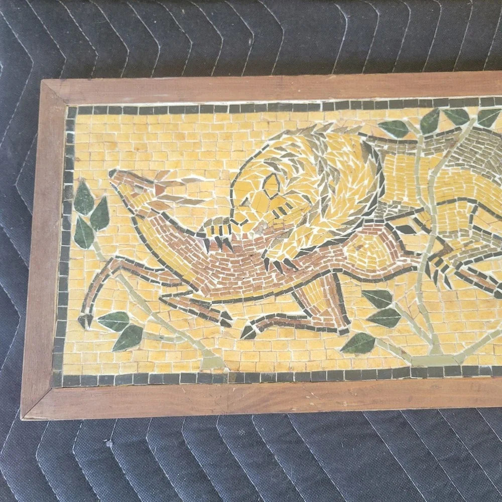 Vtg Mosaic Tile Lion And Prey Wooden Framed Wall Hanging Picture Scene